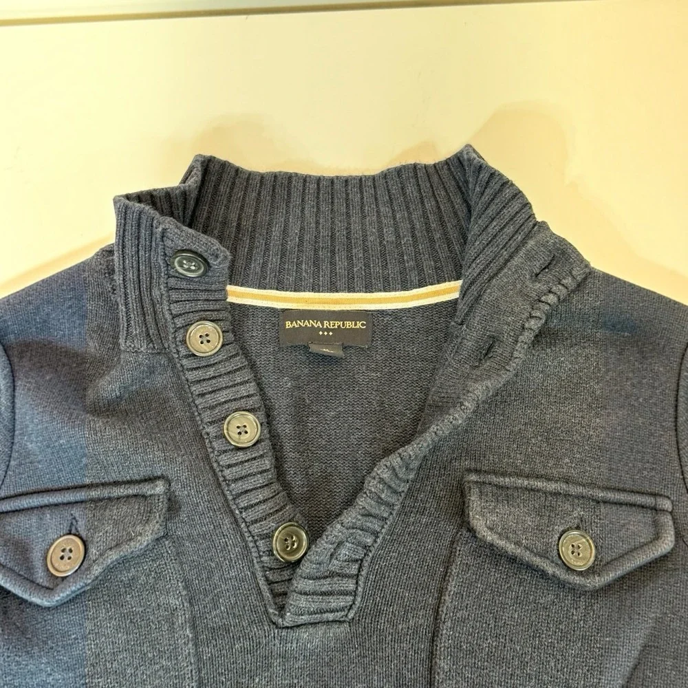 Banana Republic Men's M Navy Mock Neck Button Knit Pullover Sweater Solid